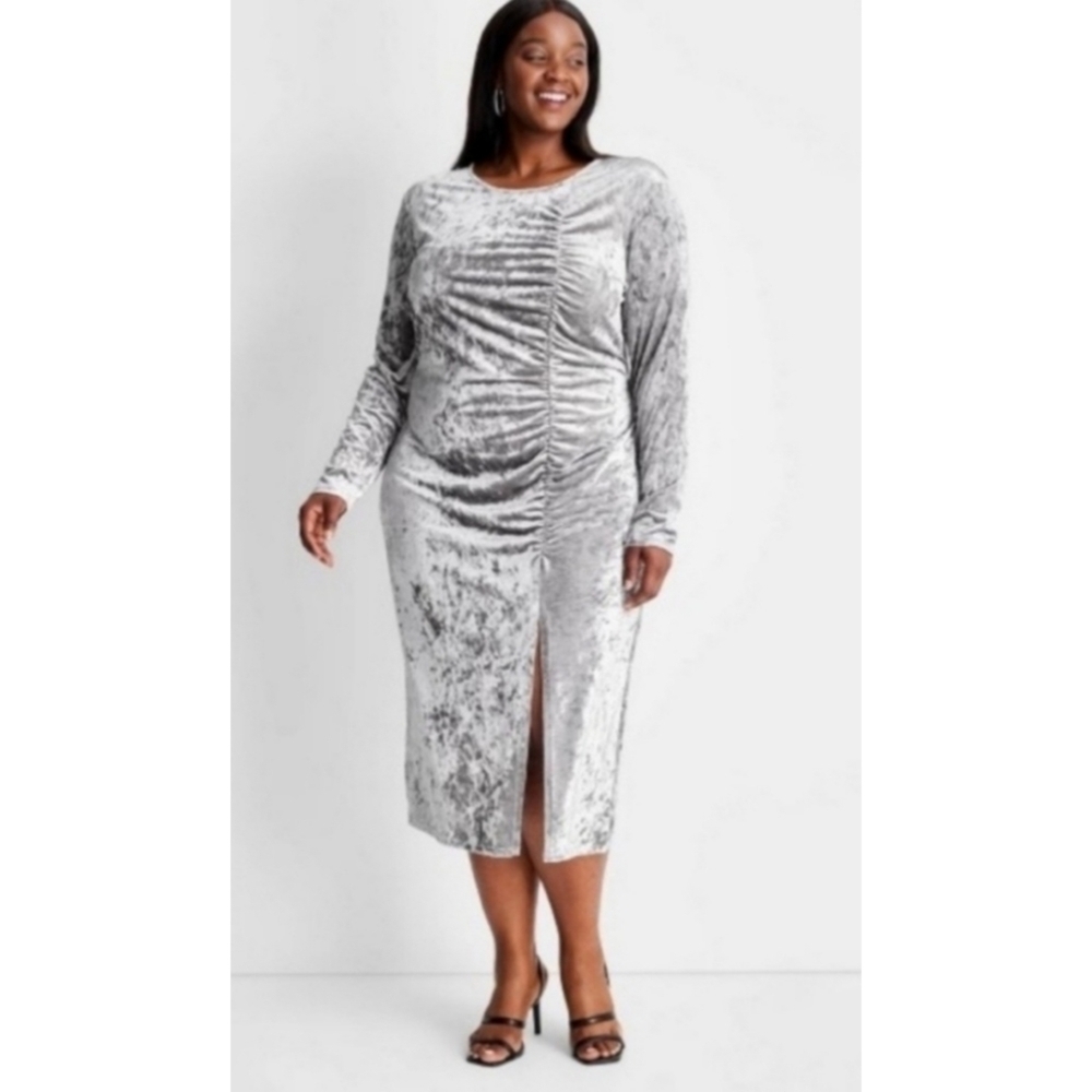 Future Collective Silver Velvet Ruched A-Line Open Back Dress